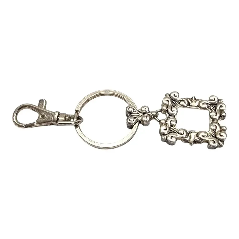 Vintage Ornate Mini Picture Frame Keychain Silver Tone Baroque Charm Key Ring